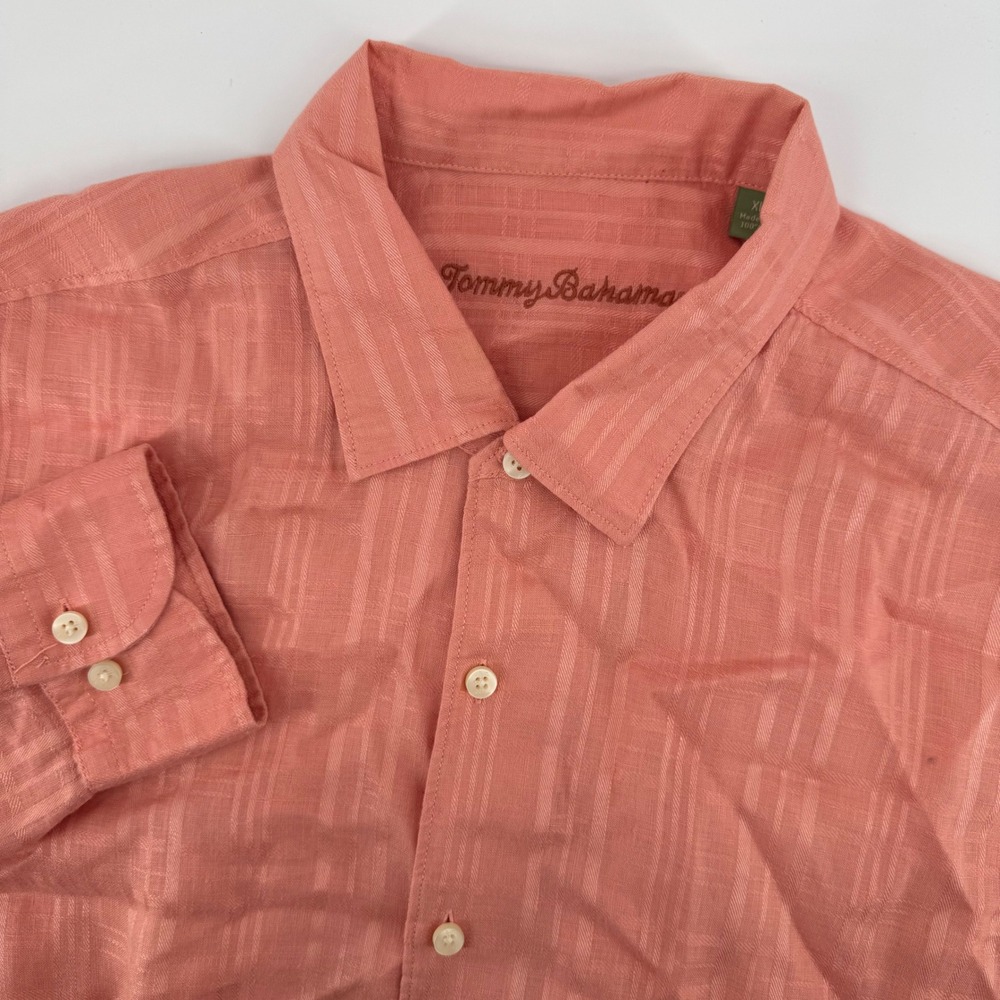 Tommy Bahama Button Down Shirt Mens XL Coral 100% Linen Long Sleeve Jacquard